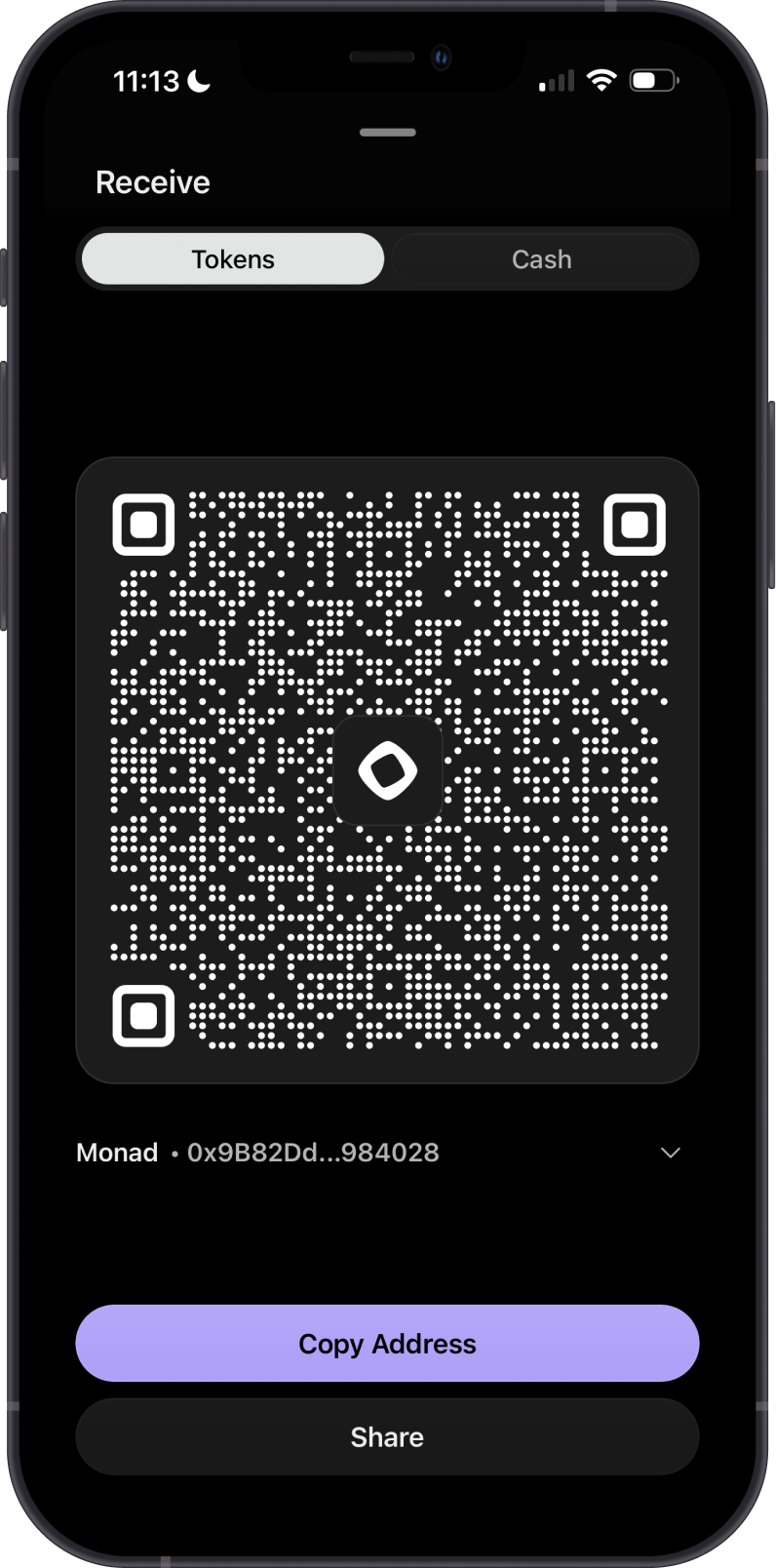 Monad receive address in Phantom