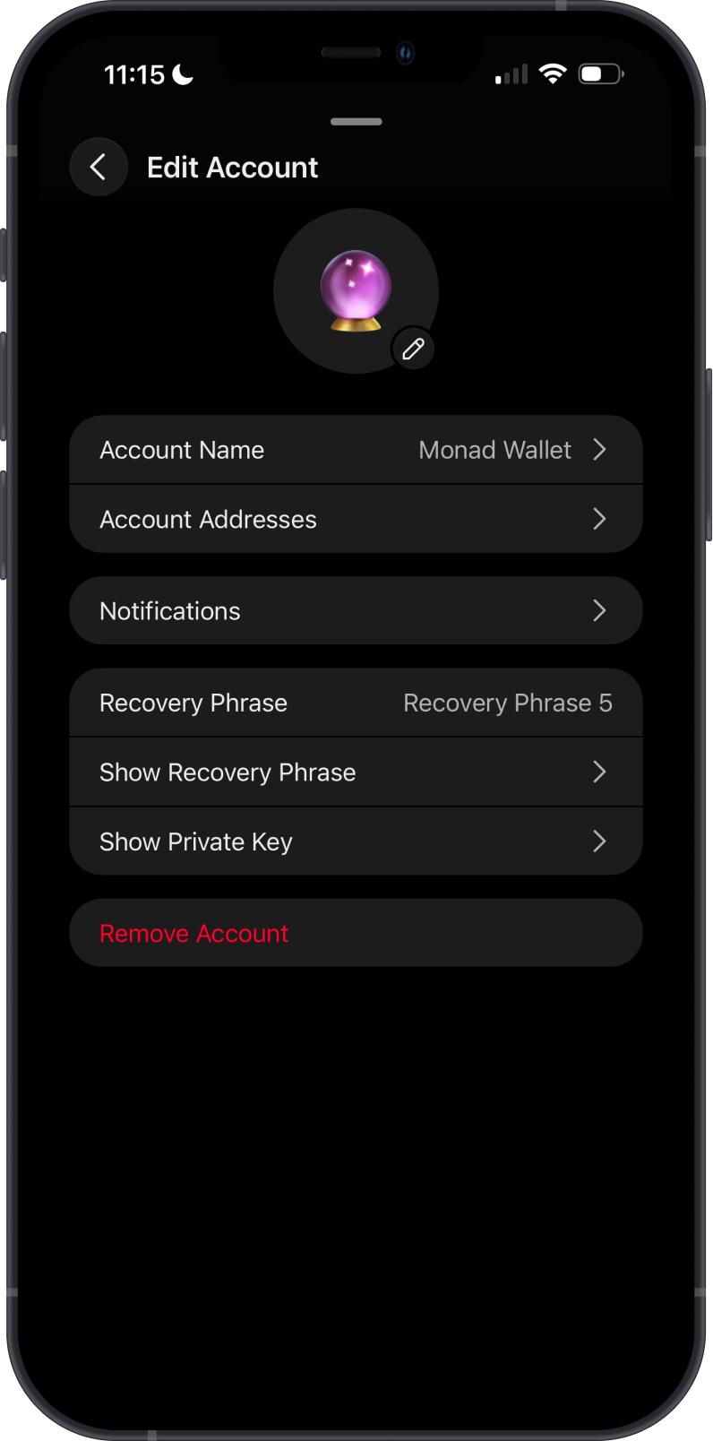 Phantom Edit Account screen with Show Recovery Phrase option