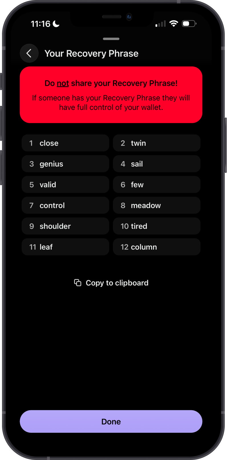 Phantom recovery phrase screen