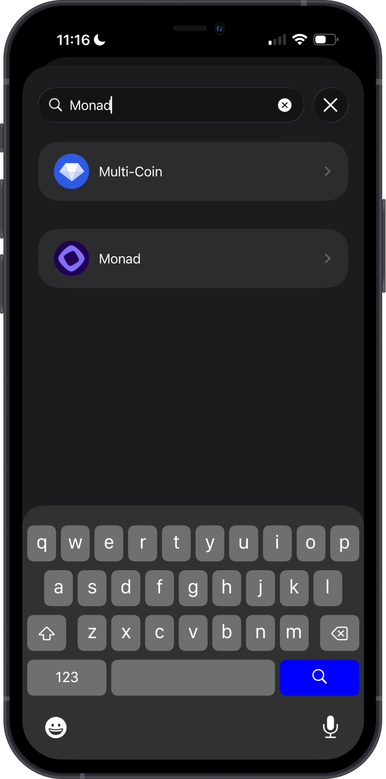 Search for Monad while importing a wallet in Gem Wallet