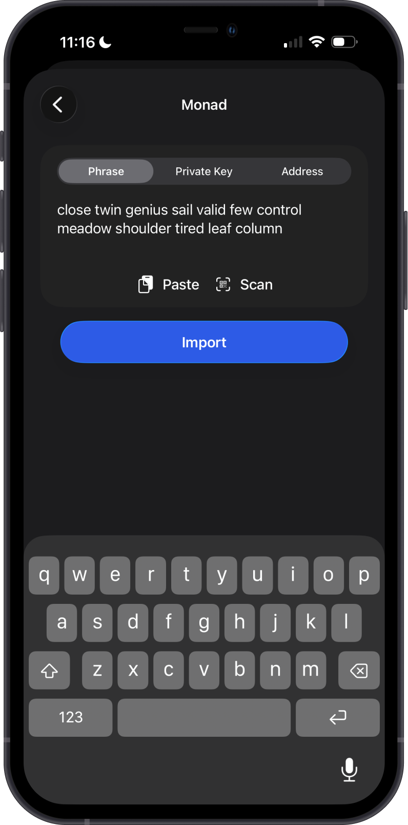 Enter the Phantom recovery phrase in Gem Wallet