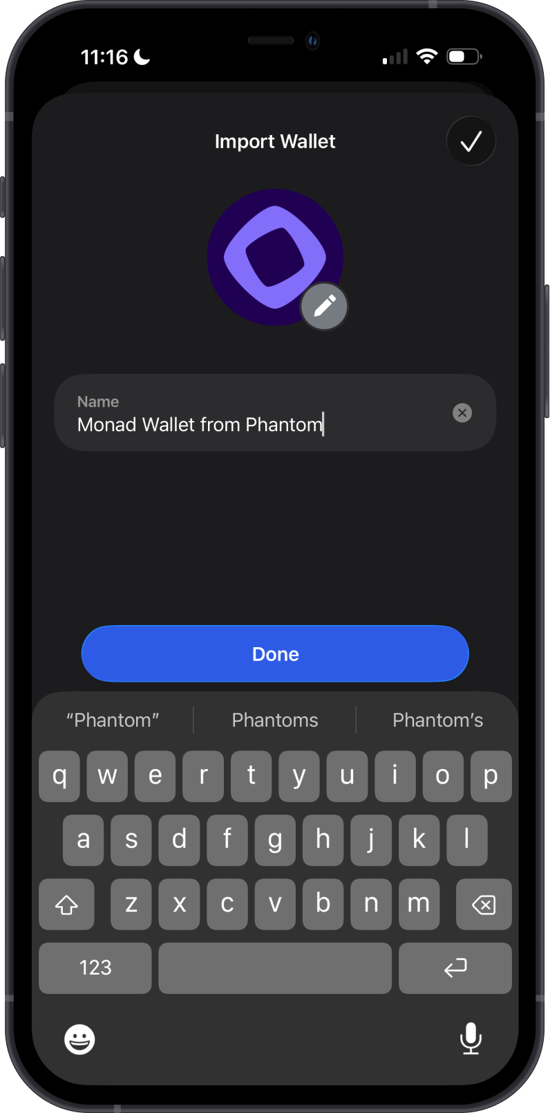 Name the imported Monad wallet in Gem Wallet