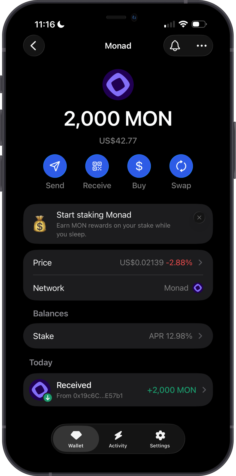 Successfully imported Phantom Monad wallet in Gem Wallet