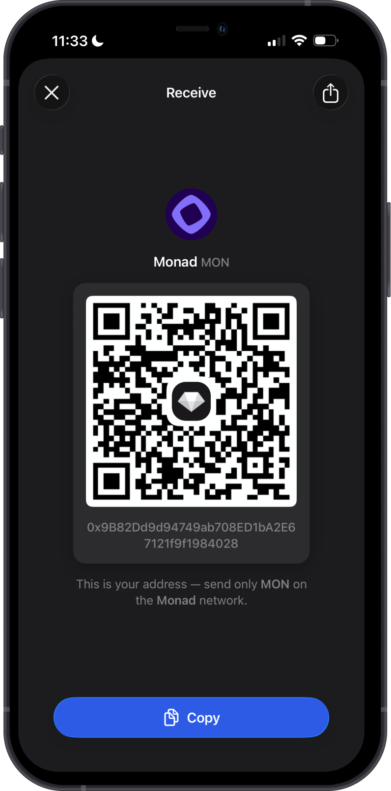 Monad receive address in Gem Wallet