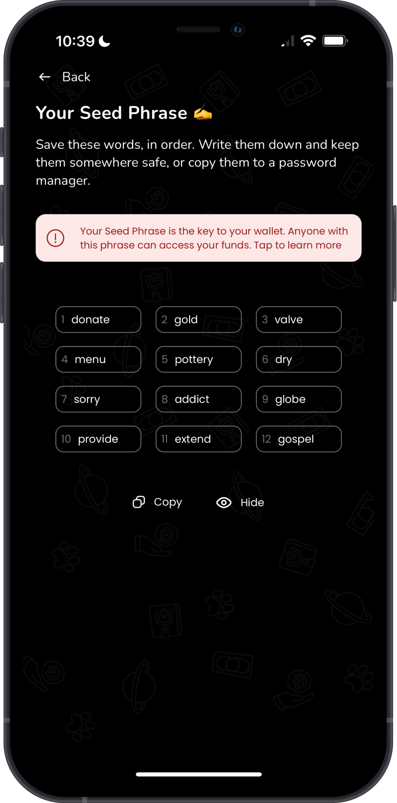 Secret Phrase on MyDoge Wallet