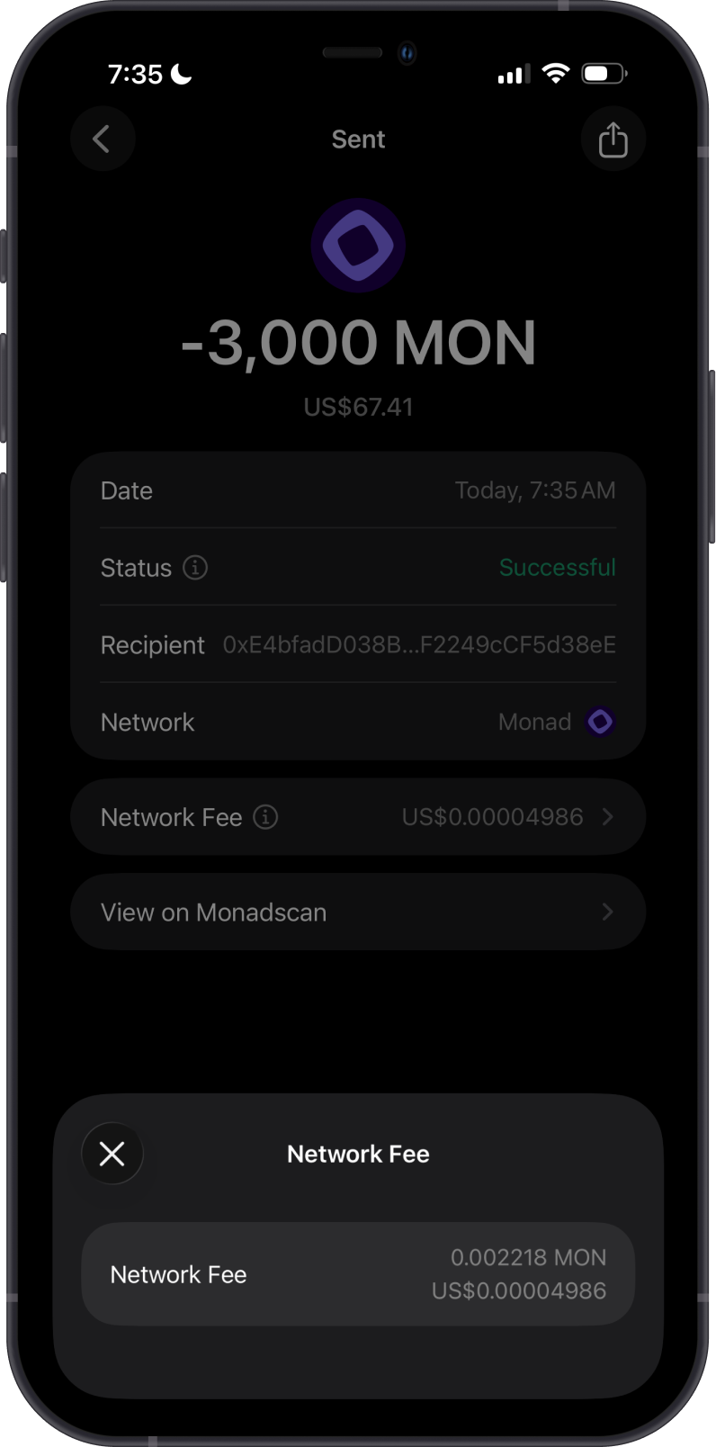 Sent Monad Transaction Fee Details