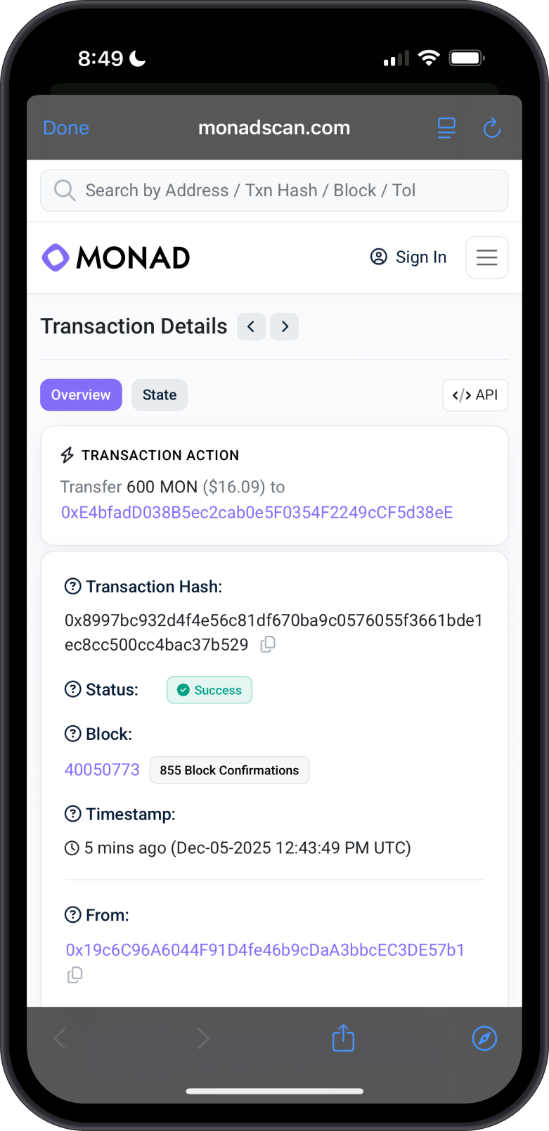View Transaction on Monadscan