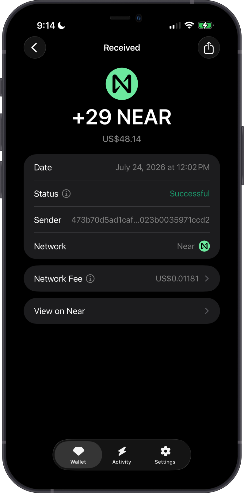 Receive NEAR on Gem Wallet