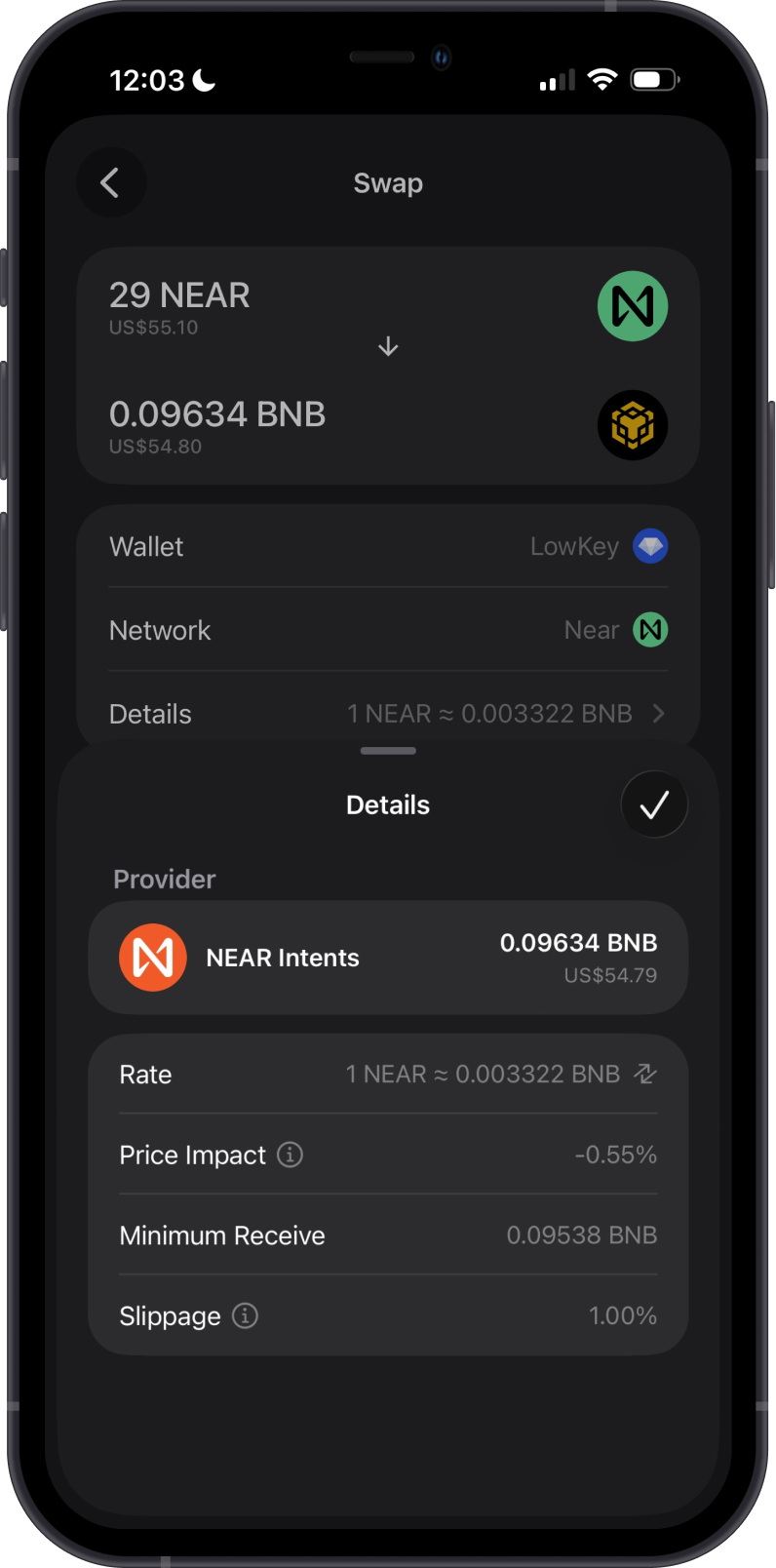 NEAR Cross-Chain Swap Details on Gem Wallet