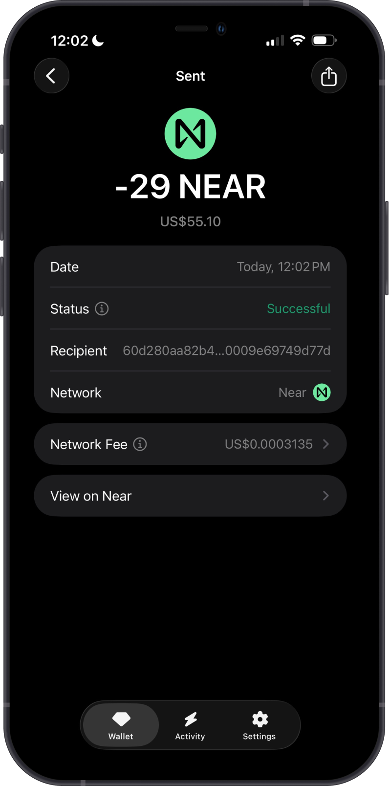 Sent NEAR Transaction on Gem Wallet