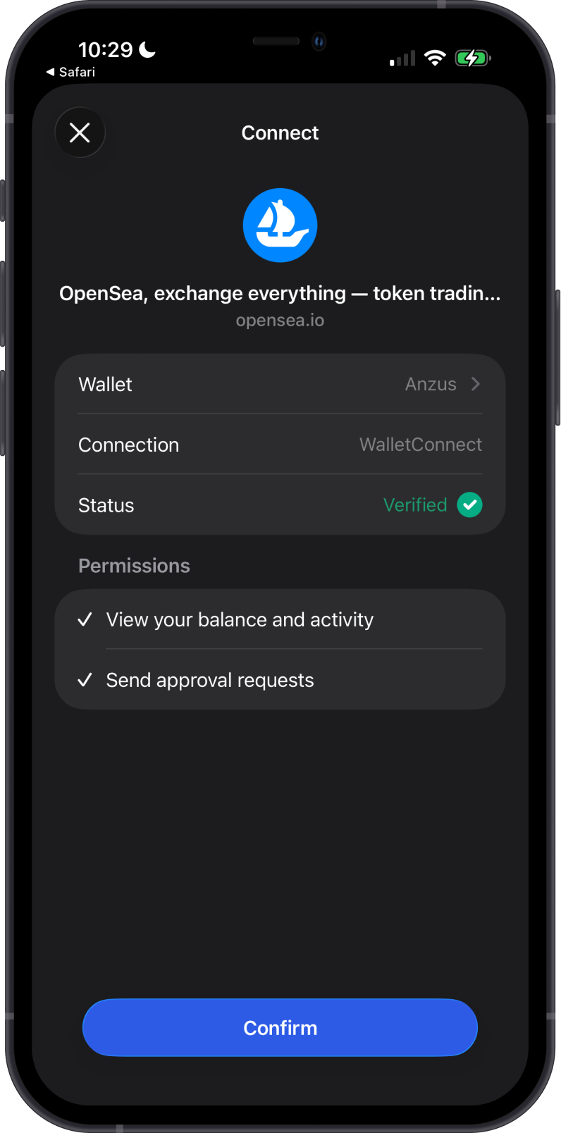 OpenSea WalletConnect request in Gem Wallet
