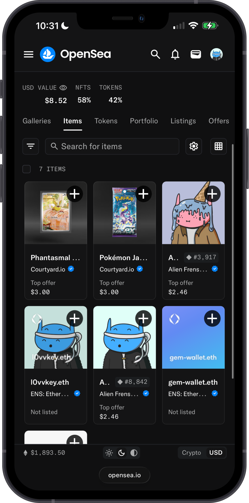 NFT collection displayed on OpenSea after connecting Gem Wallet