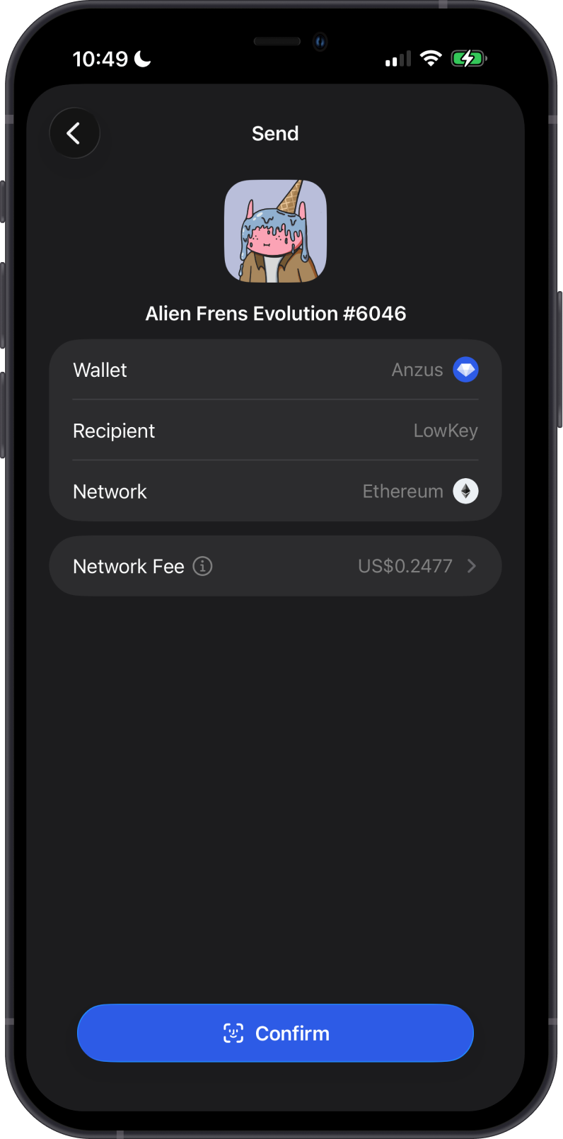 Reviewing an NFT transfer and network fee in Gem Wallet