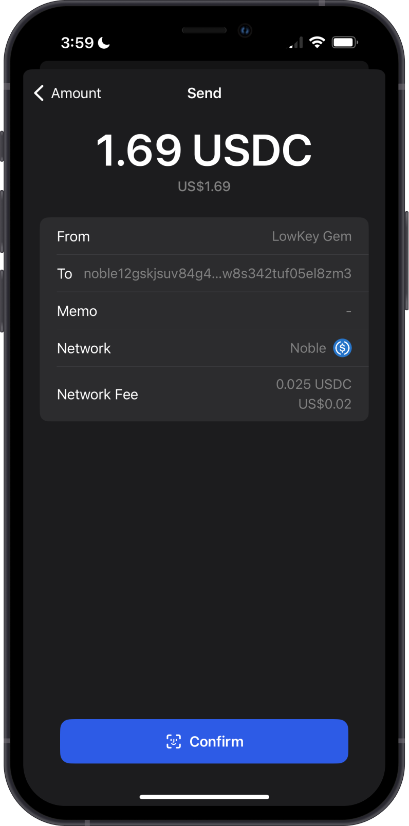 Send USDC fee on Gem Wallet