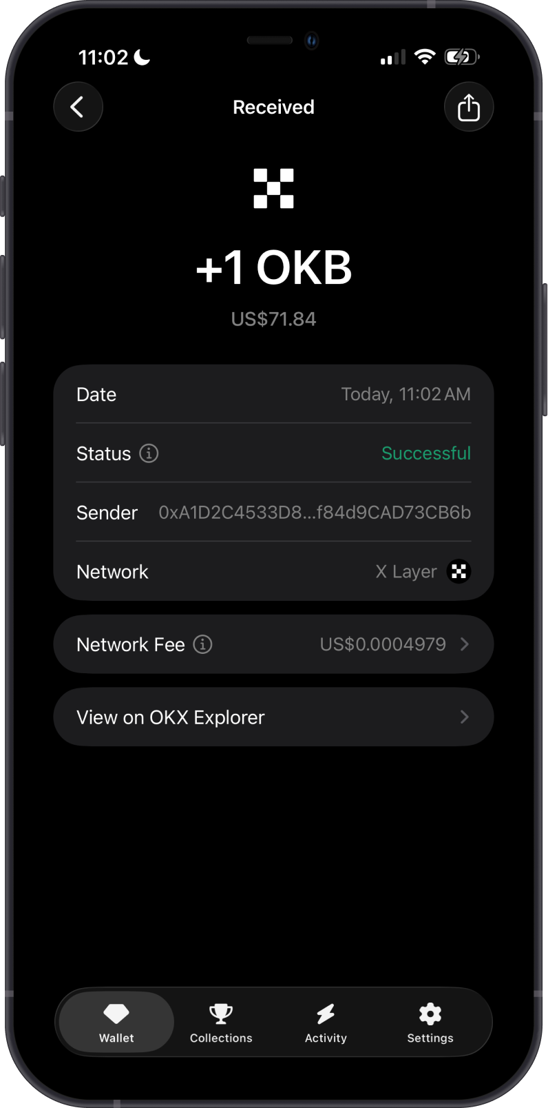Received OKB Transaction on Gem Wallet