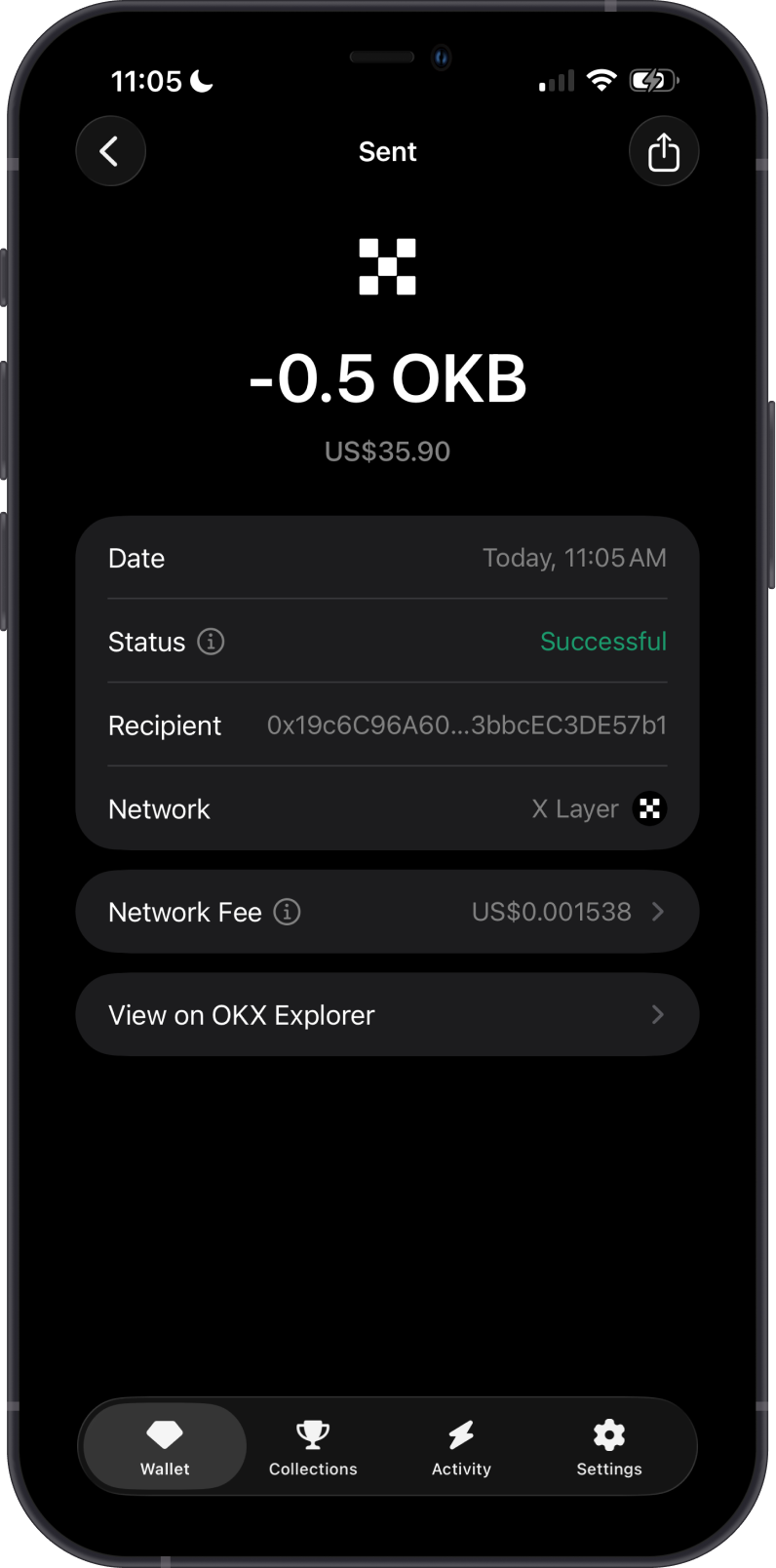 Sent OKB Transaction on Gem Wallet
