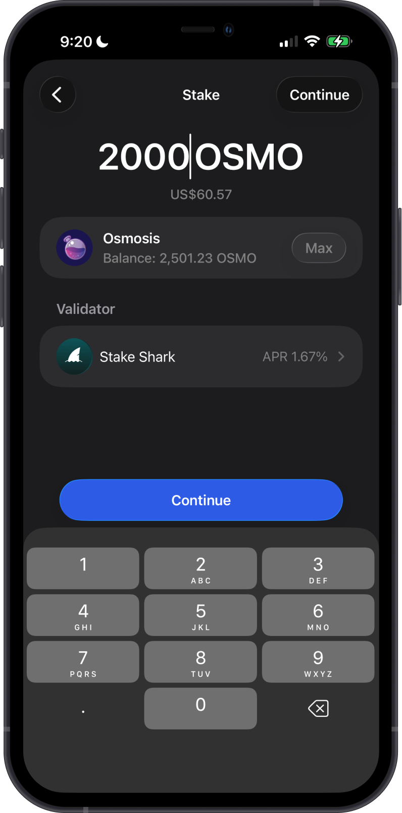 Choose an OSMO Validator and Amount