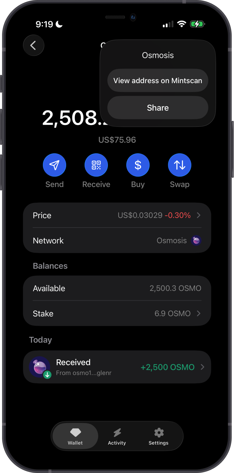 Open Osmosis Address on Mintscan