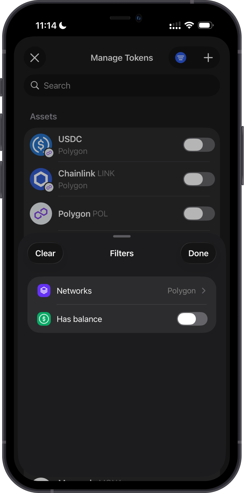 Filter Manage Tokens by the Polygon network