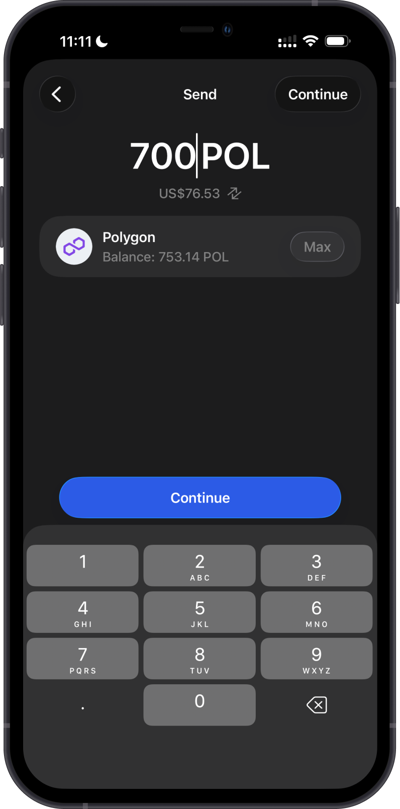 Enter the amount for a POL transfer
