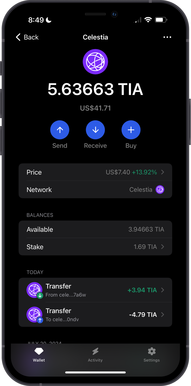 Crypto Received on Gem Wallet