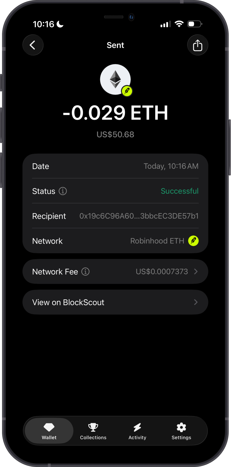 Sent Robinhood Chain ETH on Gem Wallet