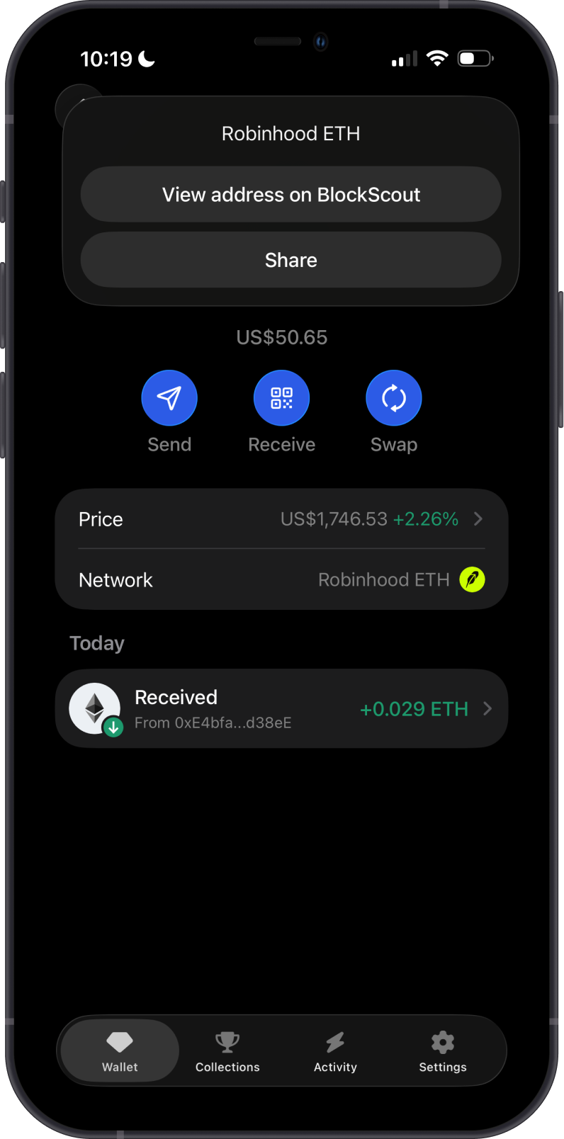 Open Robinhood Chain Explorer on Gem Wallet