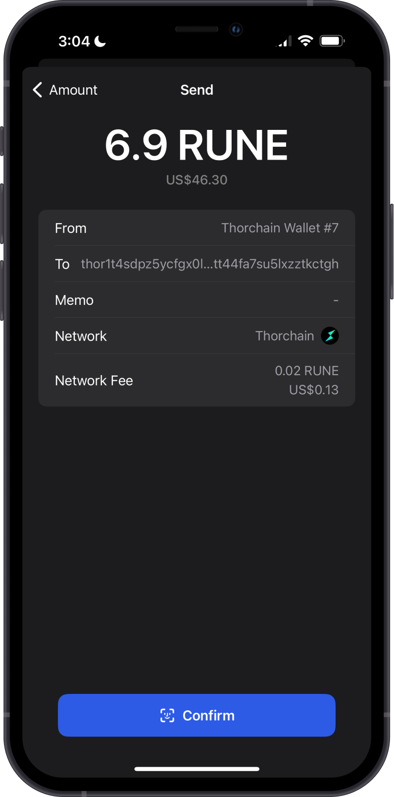 RUNE Transfer Fees on Gem Wallet