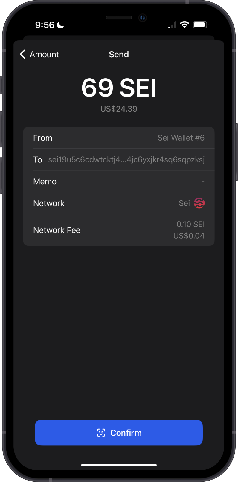 Send SEI fee on Gem Wallet