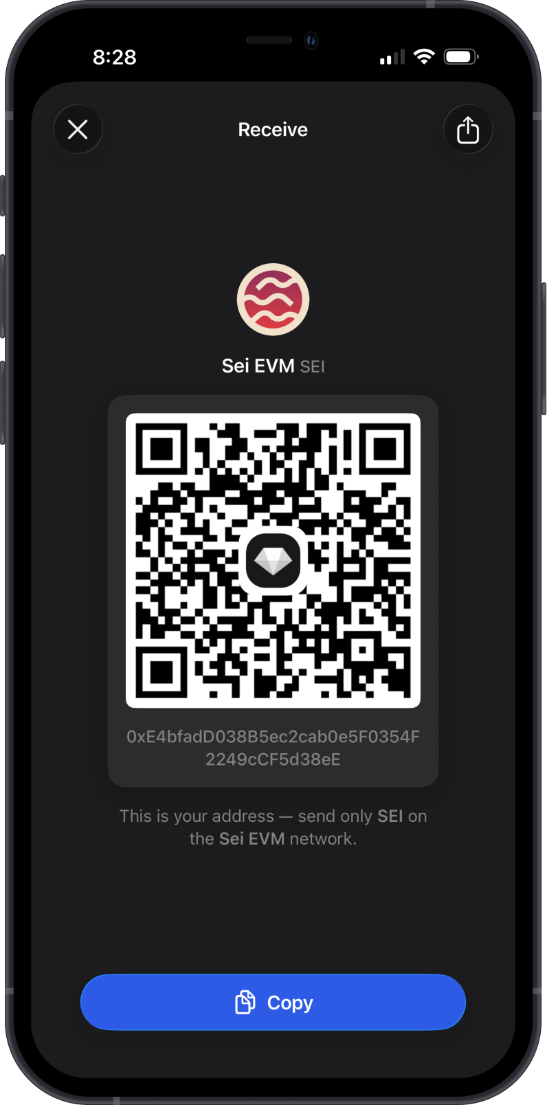 Receive Sei EVM on Gem Wallet