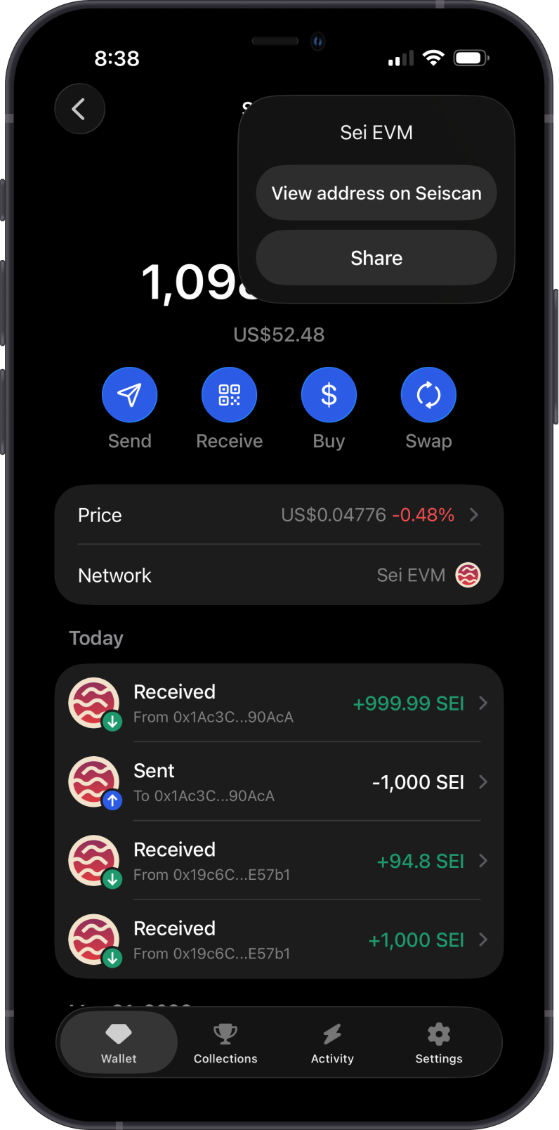 Open Sei EVM Explorer on Gem Wallet