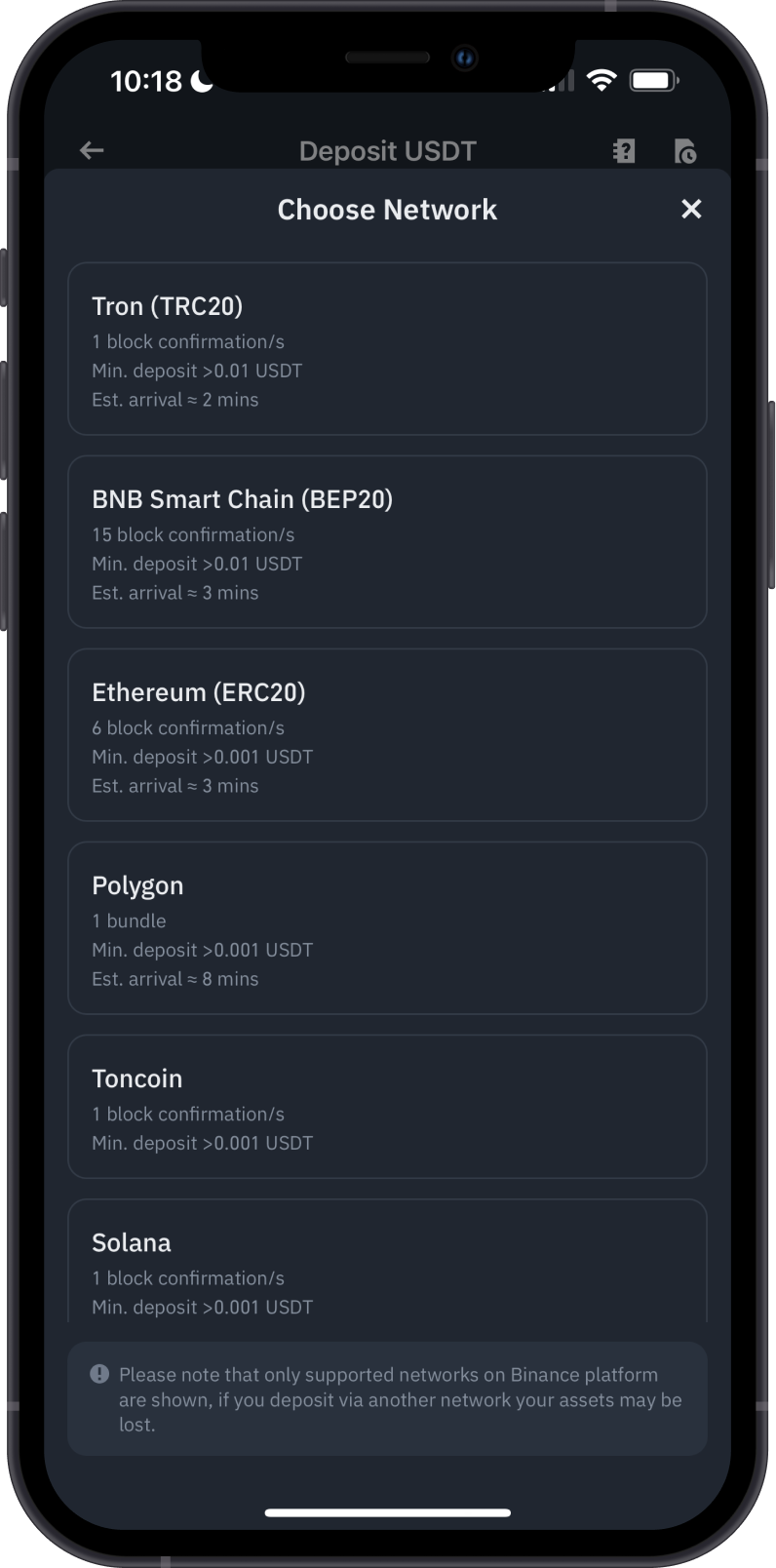Binance USDT Networks