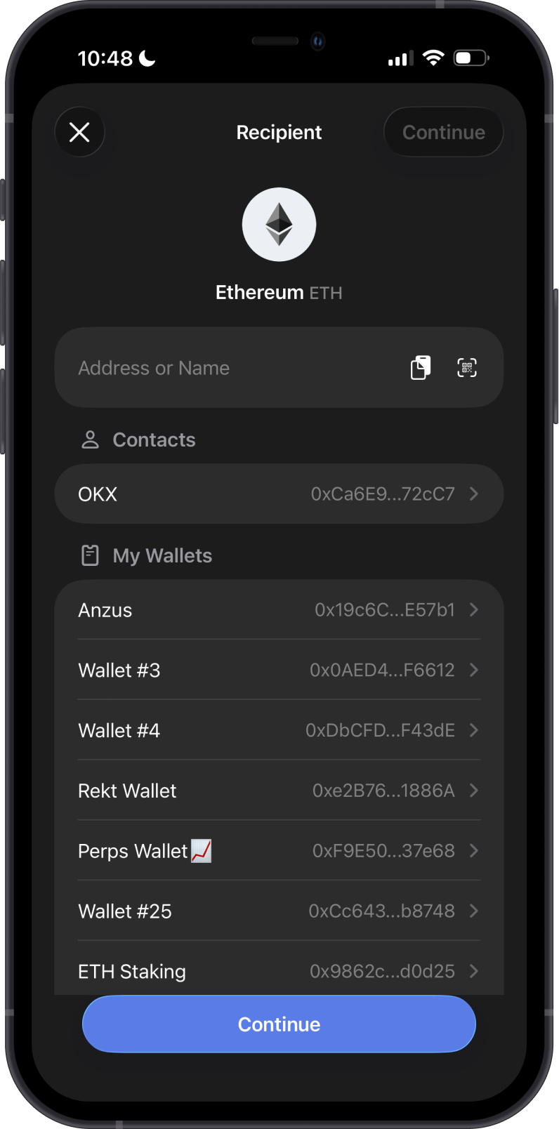 Choose Contacts while sending crypto