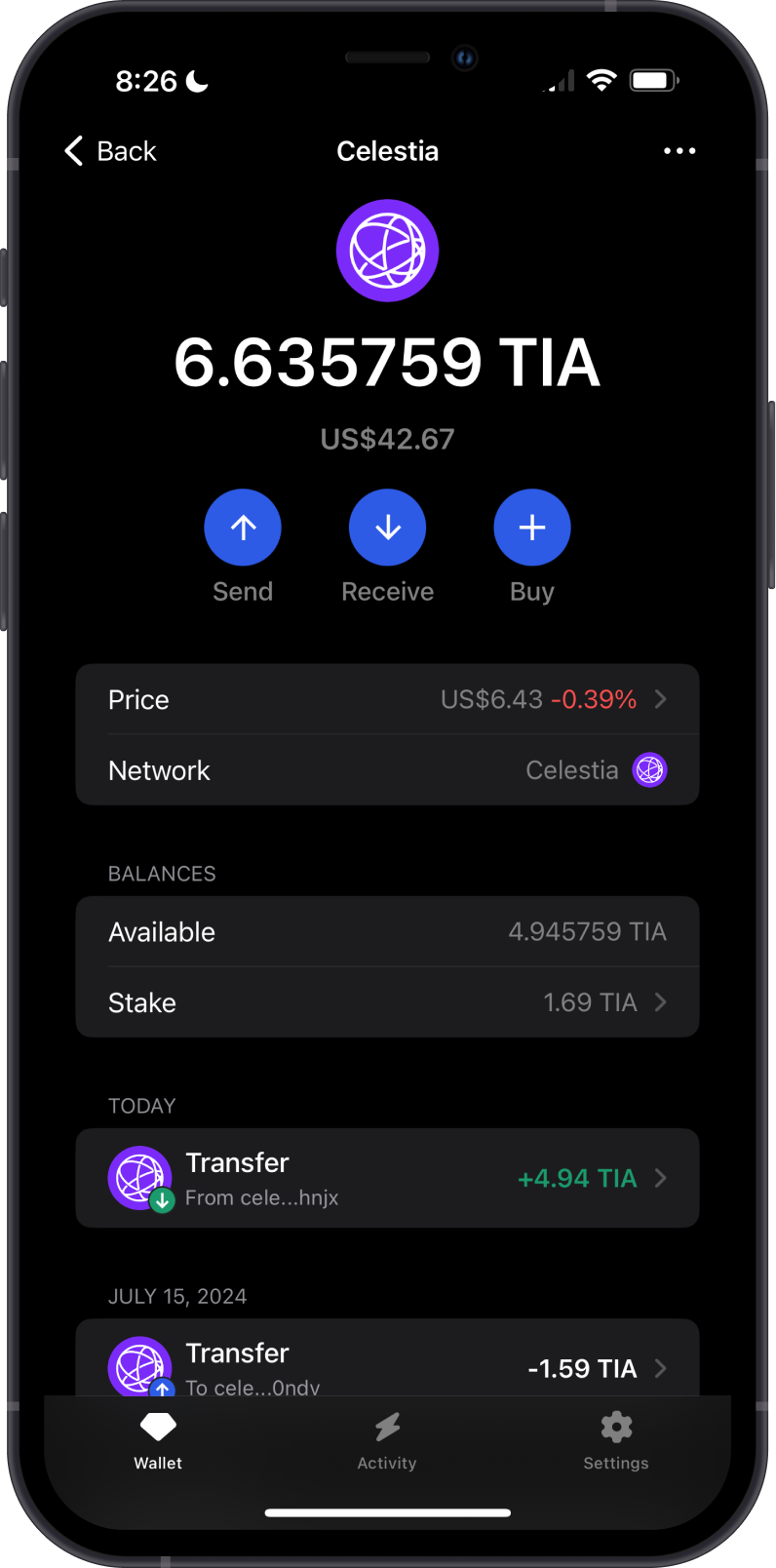 Select Crypto on Gem Wallet