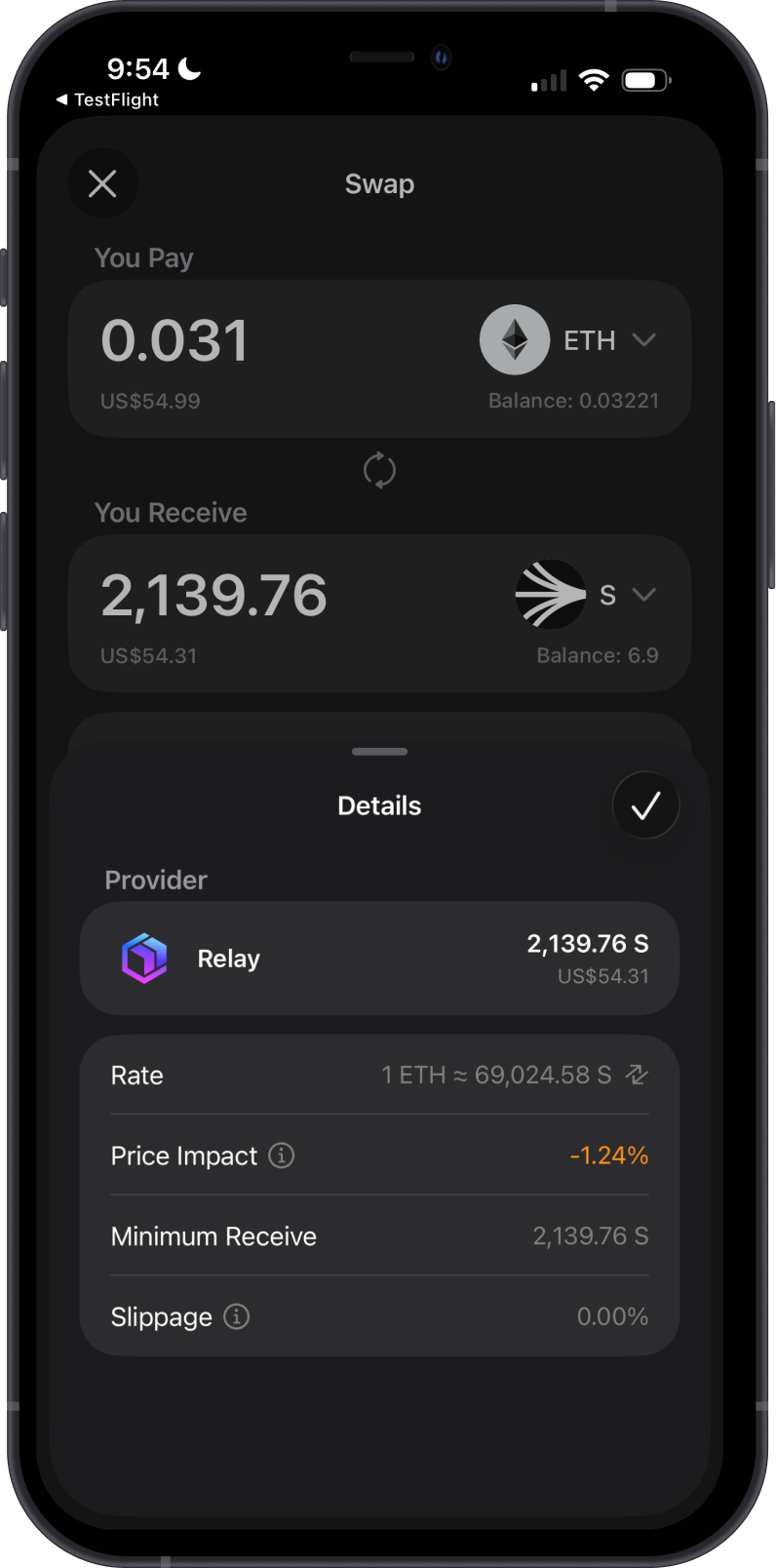 Sonic Cross-Chain Swap Details on Gem Wallet