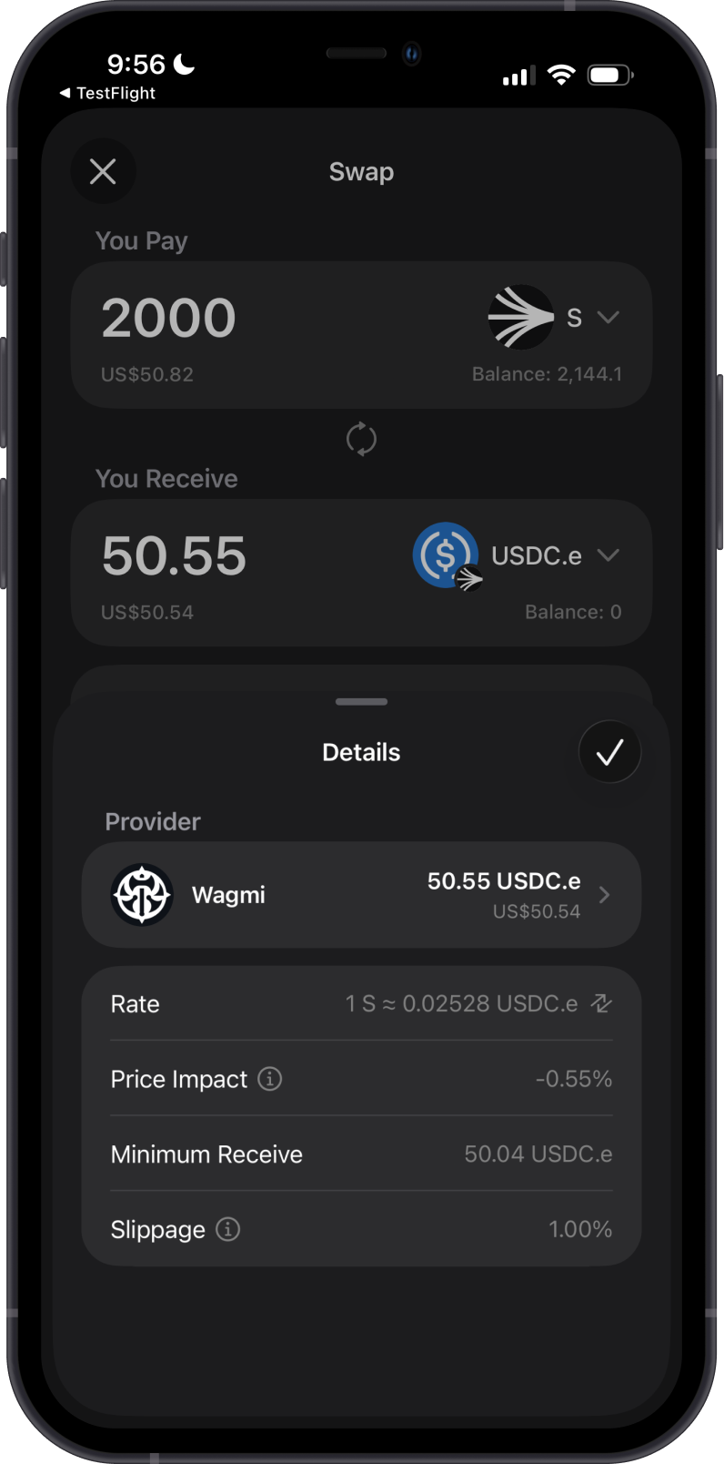 Sonic Token Swap Details on Gem Wallet