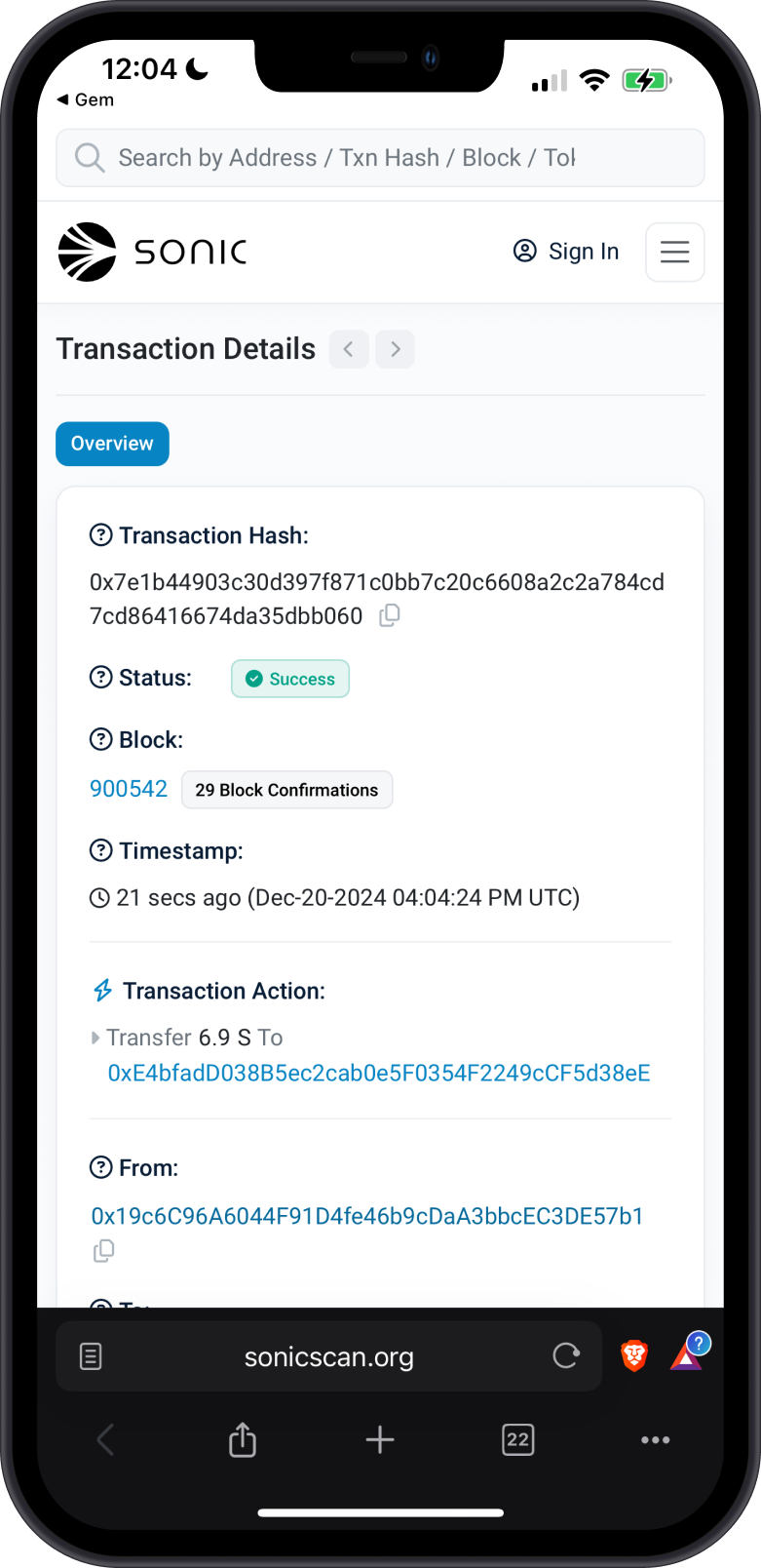 View Transaction on SonicScan