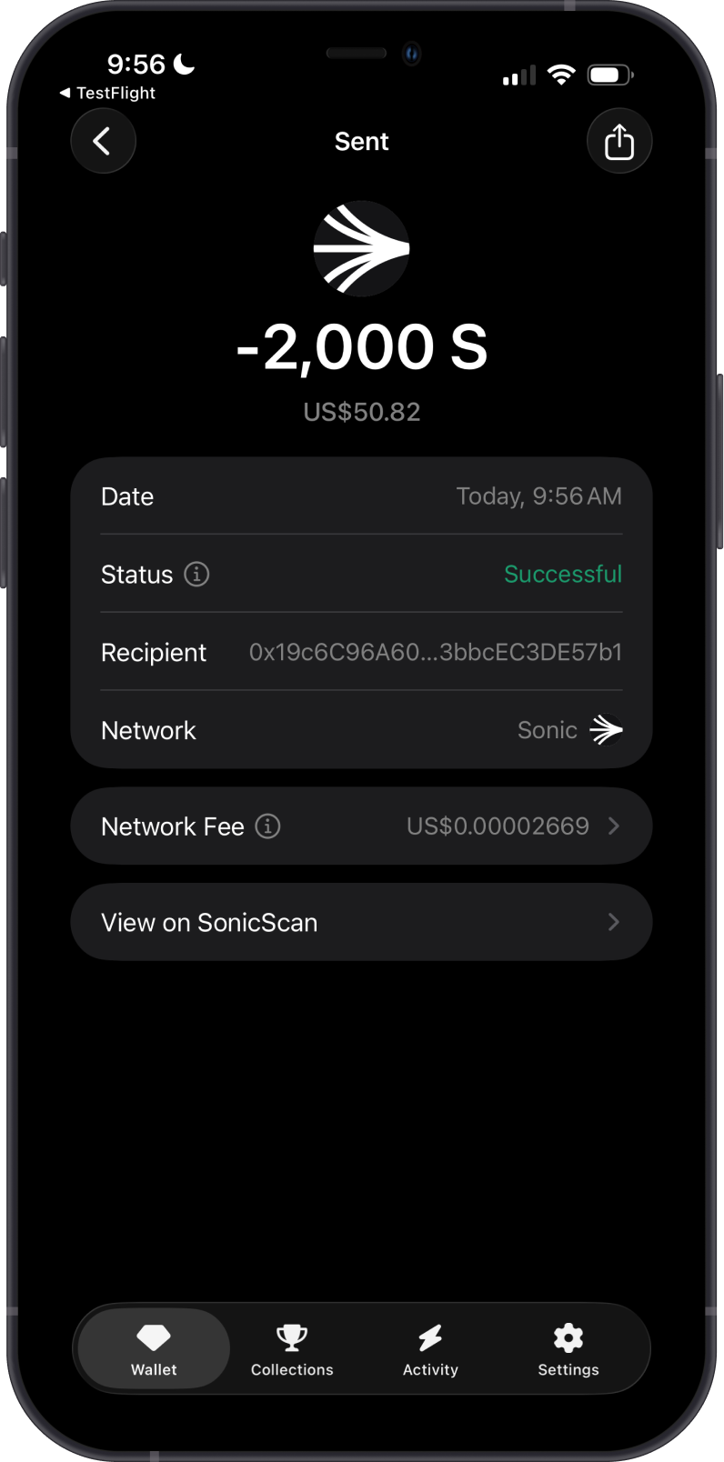 Sent Sonic Transaction on Gem Wallet
