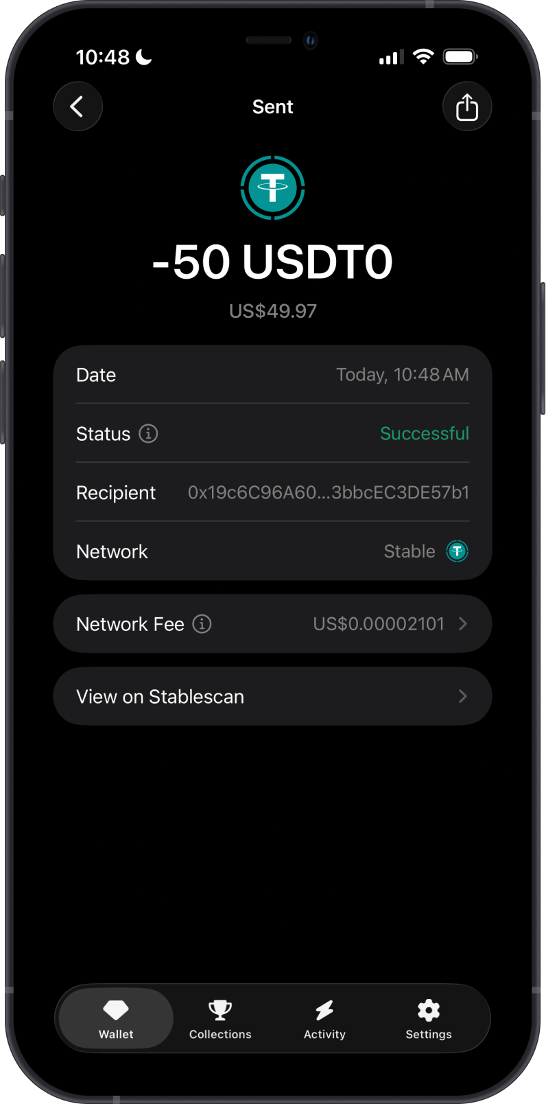 Sent Stable USDT0 Transaction on Gem Wallet