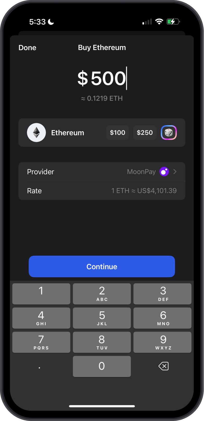 Buy Ethereum on Gem Wallet