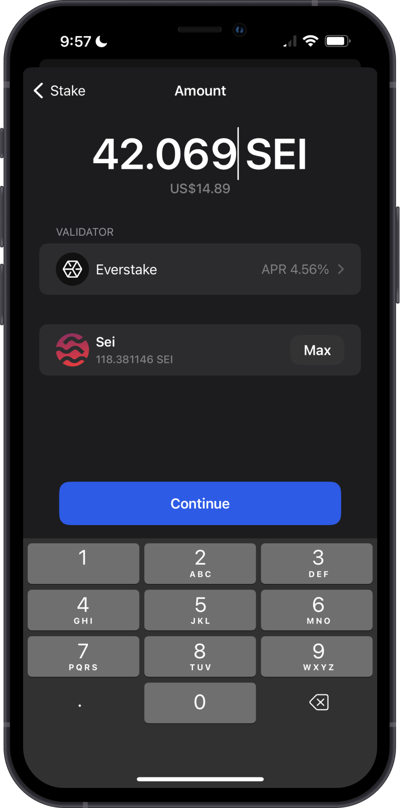 Input SEI Amount to Stake