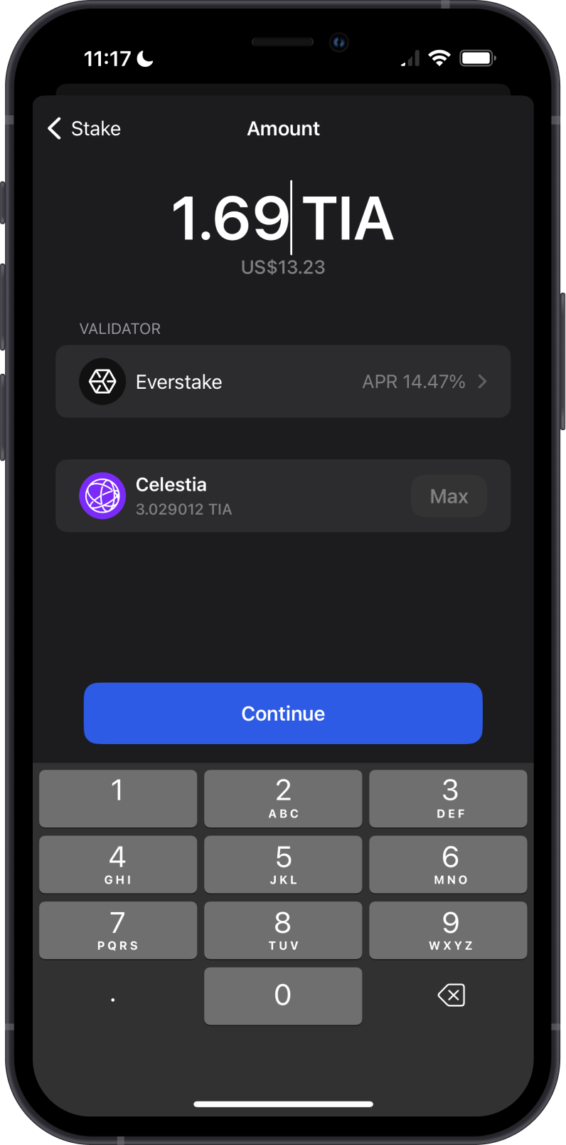 Input TIA Amount to Stake