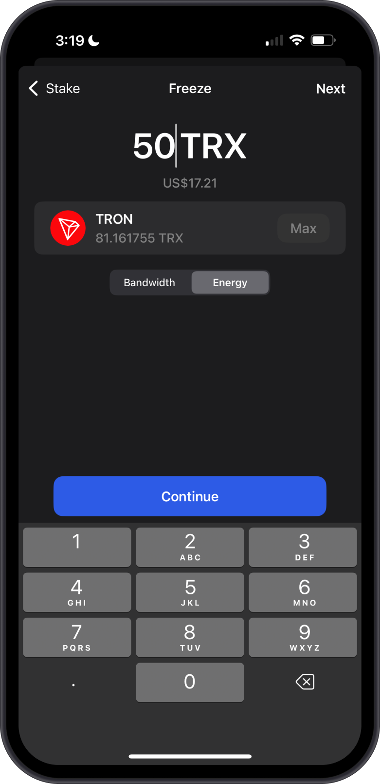 Input TRX Amount