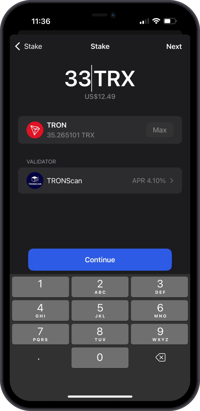 Input TRX Amount to Stake