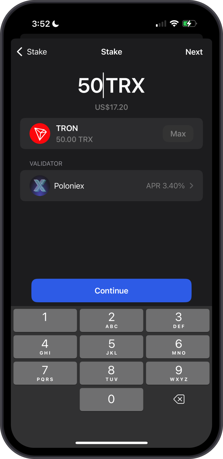 Input TRX to Stake
