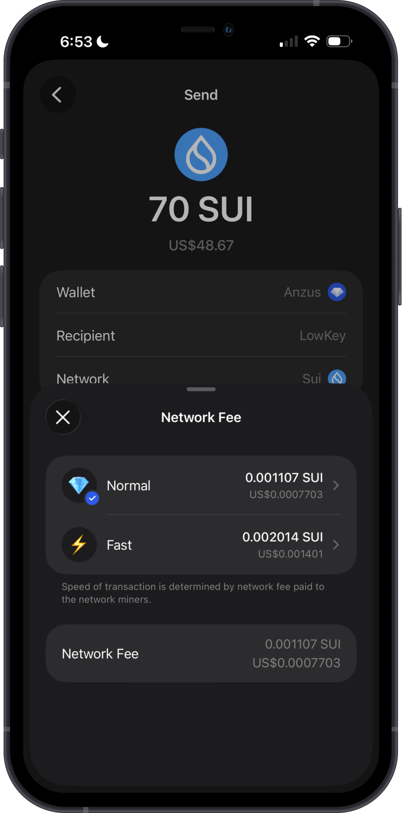 Send SUI on Gem Wallet