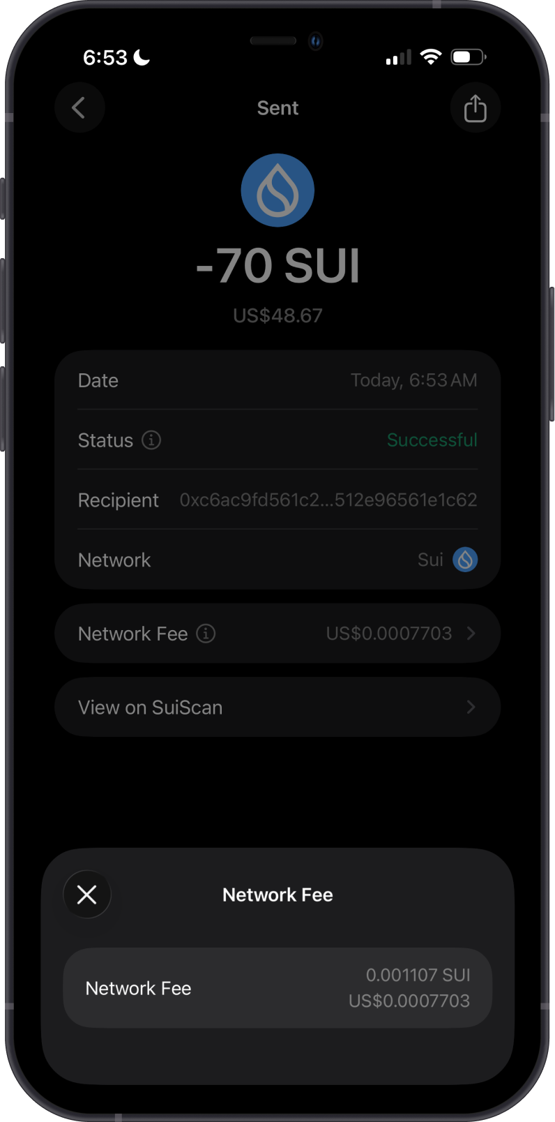 SUI Network Fee on Gem Wallet