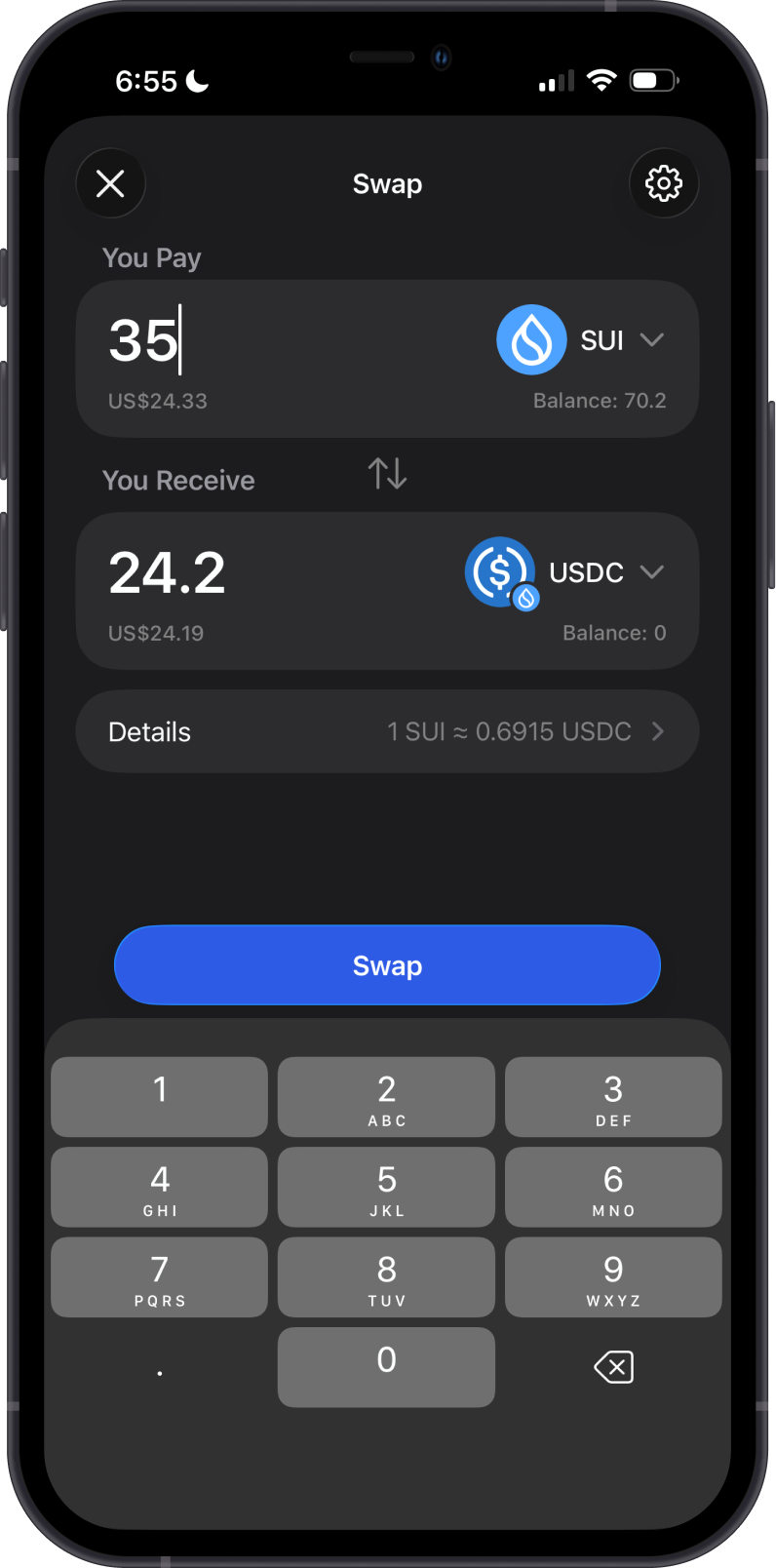 Swap SUI to Sui Tokens on Gem Wallet