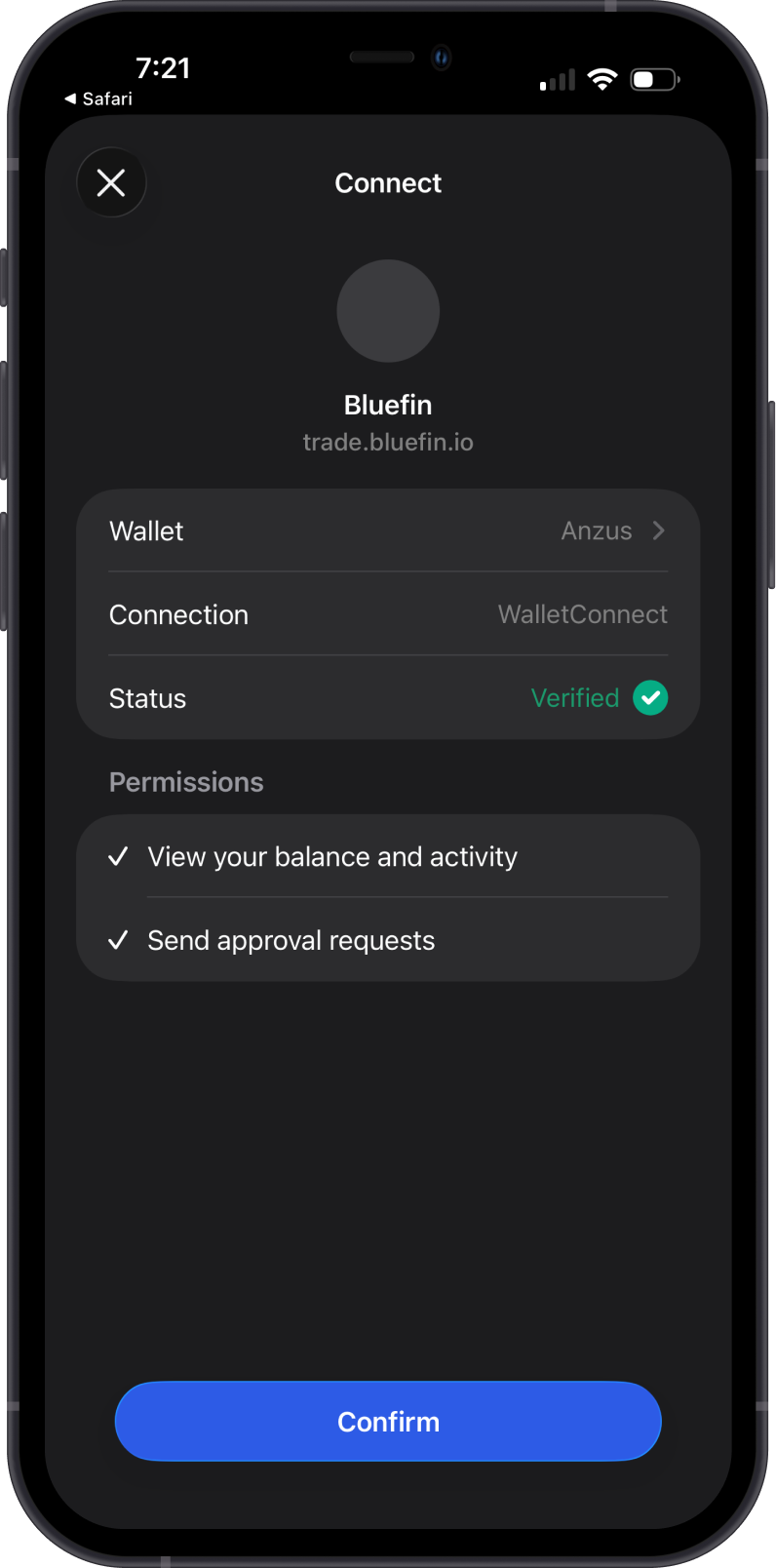Confirm the Bluefin connection in Gem Wallet