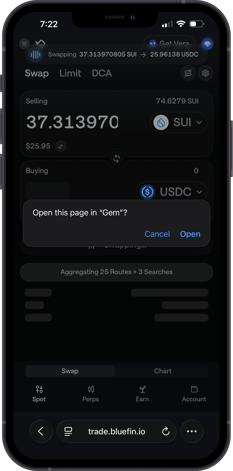 Open the Bluefin request in Gem Wallet